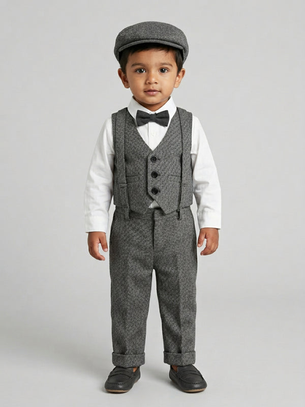 Biglilpeople Boys 4-Piece Grey Suit Set: Shirt with Waistcoat, Suspenders Pant, Cap & Classic Bow