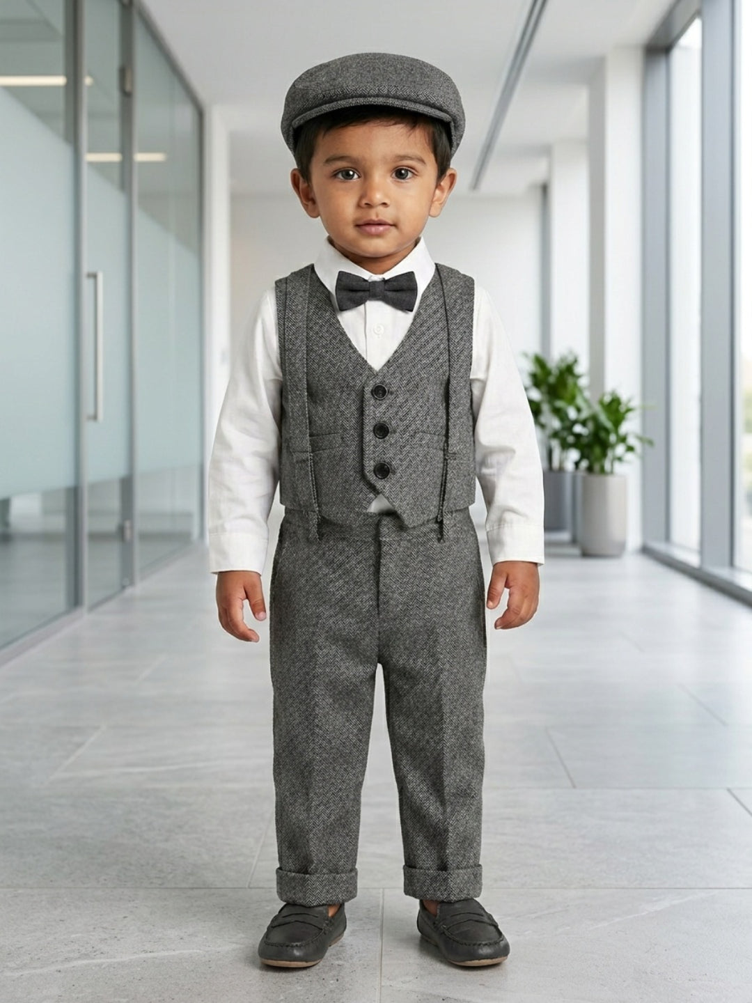 बिग्लिलपीपल लड़कों के लिए 4-पीस ग्रे सूट सेट: वास्कट के साथ शर्ट, सस्पेंडर्स पैंट, कैप और क्लासिक बो