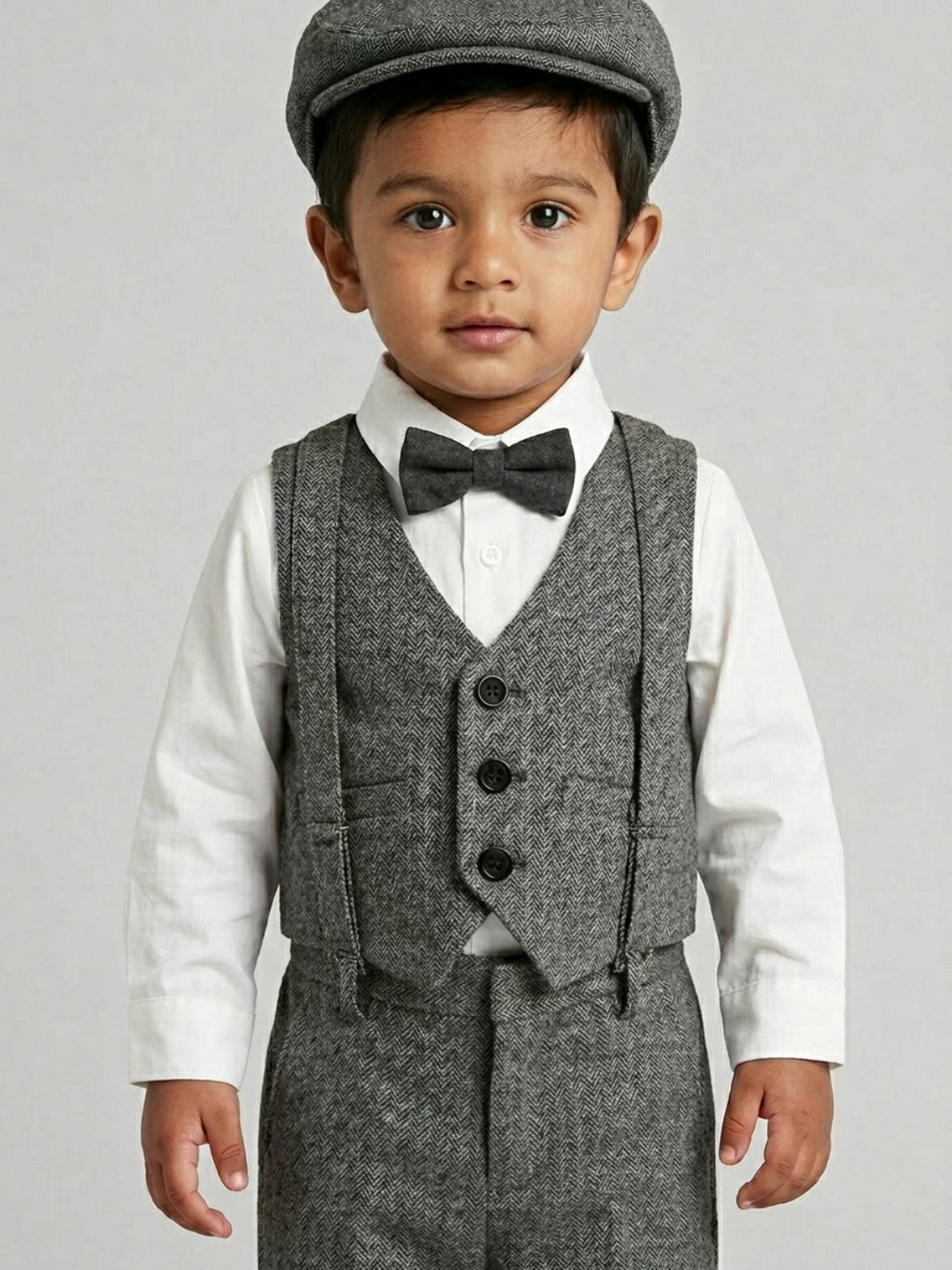 बिग्लिलपीपल लड़कों के लिए 4-पीस ग्रे सूट सेट: वास्कट के साथ शर्ट, सस्पेंडर्स पैंट, कैप और क्लासिक बो