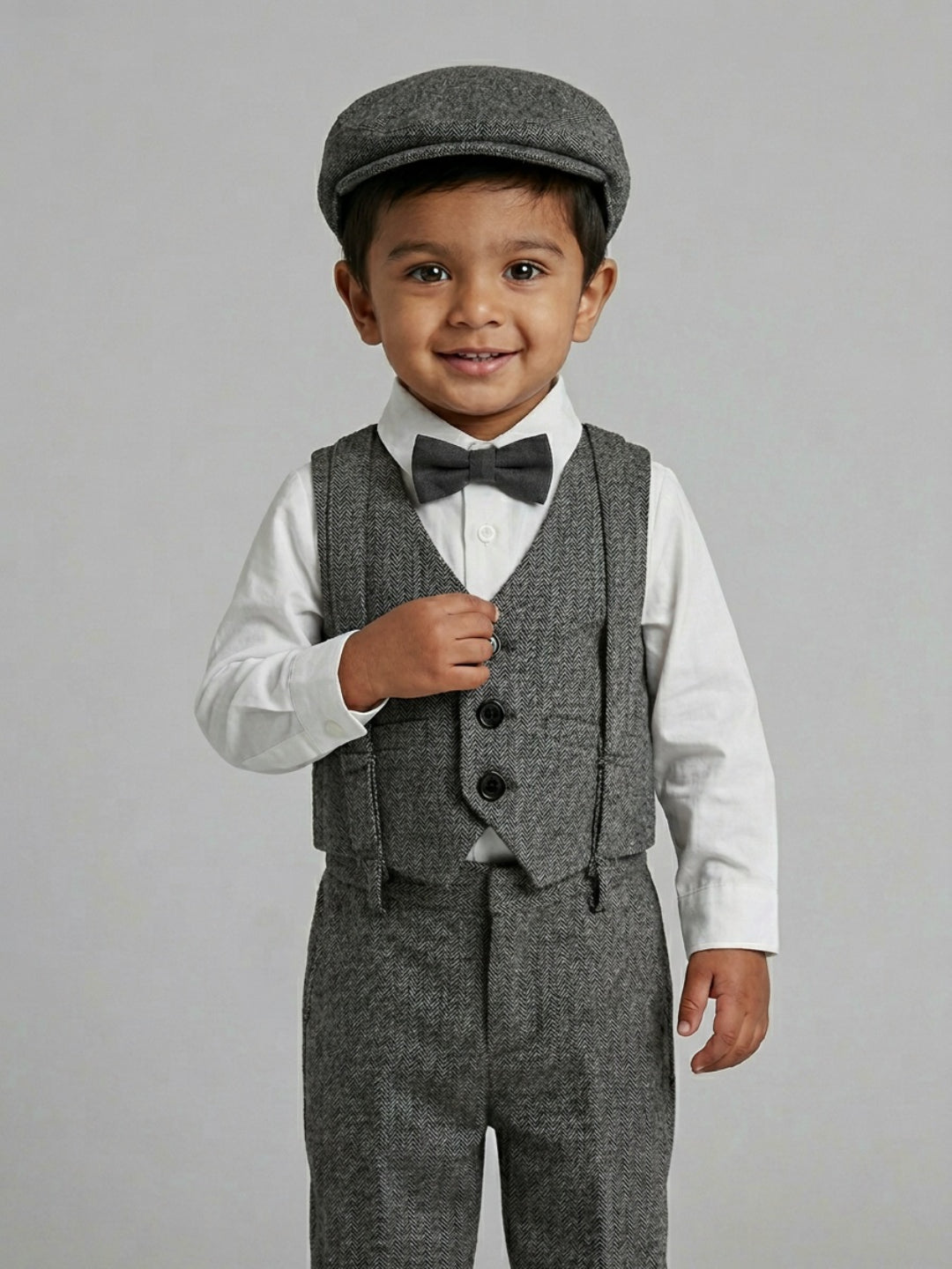 बिग्लिलपीपल लड़कों के लिए 4-पीस ग्रे सूट सेट: वास्कट के साथ शर्ट, सस्पेंडर्स पैंट, कैप और क्लासिक बो
