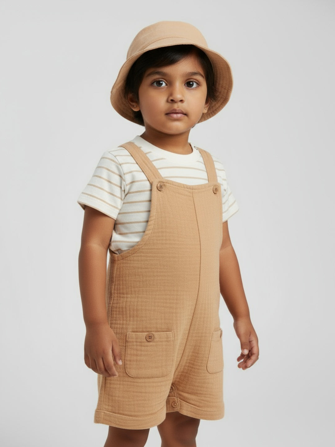 Biglilpeople Boys Solid Dungaree and T-Shirt Set with Hat