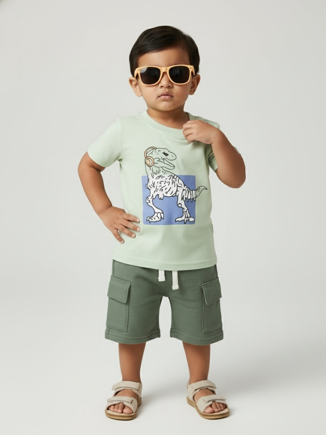Conjunto de camiseta con estampado gráfico, pantalones cortos tipo cargo y gafas de sol Biglilpeople para niño