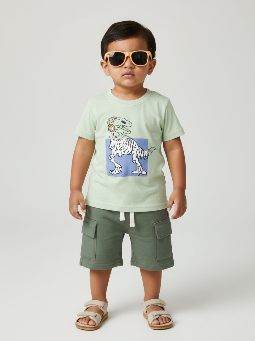 Conjunto de camiseta con estampado gráfico, pantalones cortos tipo cargo y gafas de sol Biglilpeople para niño