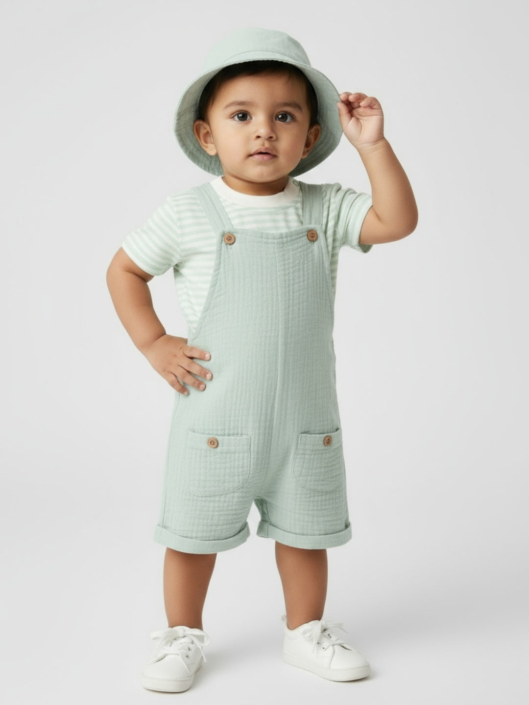 Biglilpeople Boys Solid Dungaree and T-Shirt Set with Hat
