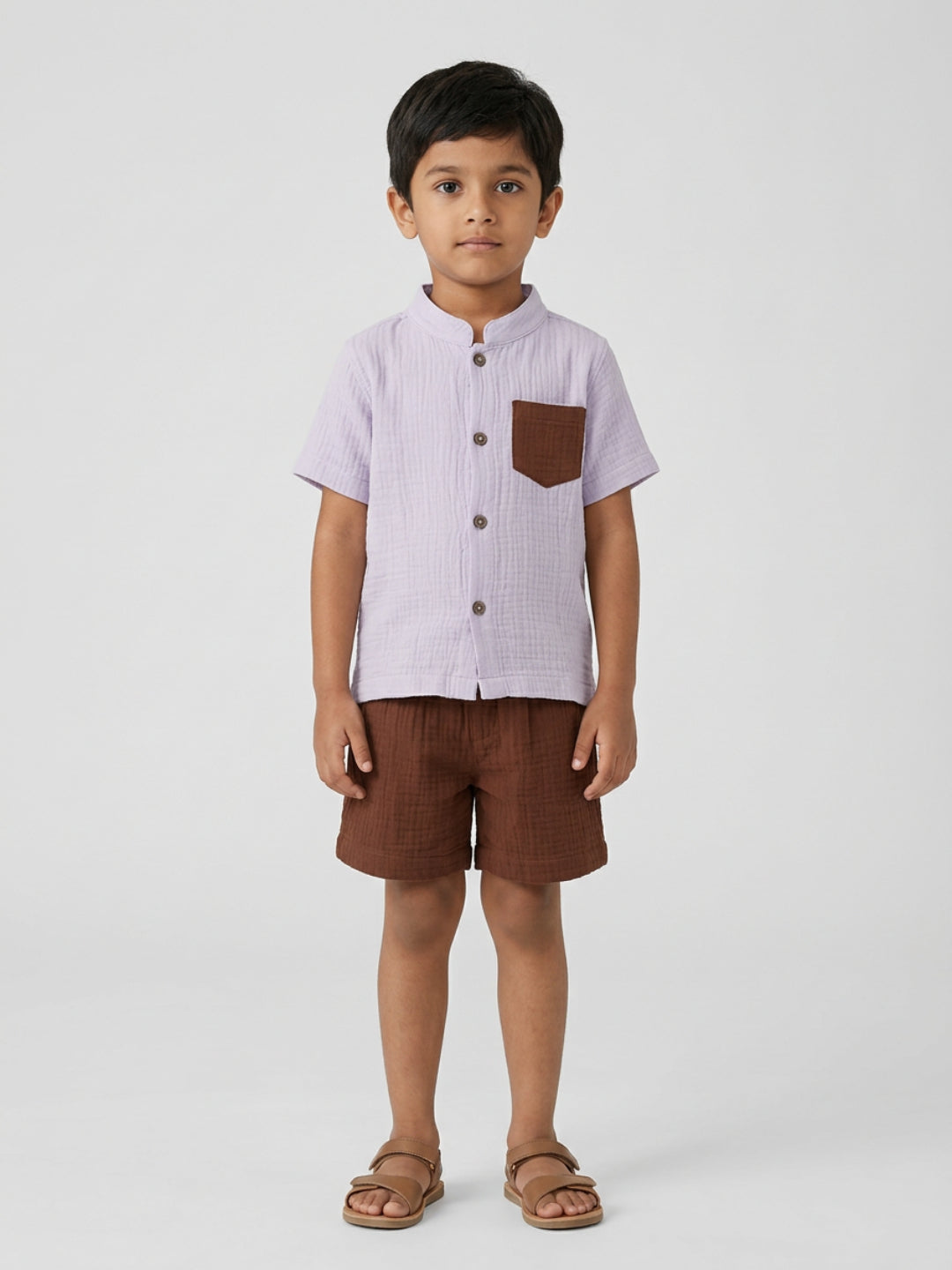 Biglilpeople Boys Organic Soft Crinkled Muslin Lavender Mandarin Collar Shirt & Brown Short