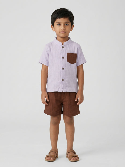 Biglilpeople Boys Organic Soft Crinkled Muslin Lavender Mandarin Collar Shirt & Brown Short