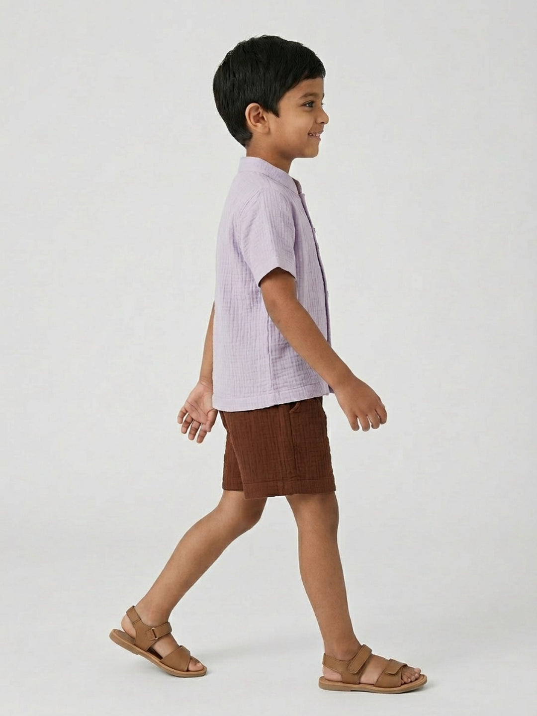 Biglilpeople Boys Organic Soft Crinkled Muslin Lavender Mandarin Collar Shirt & Brown Short