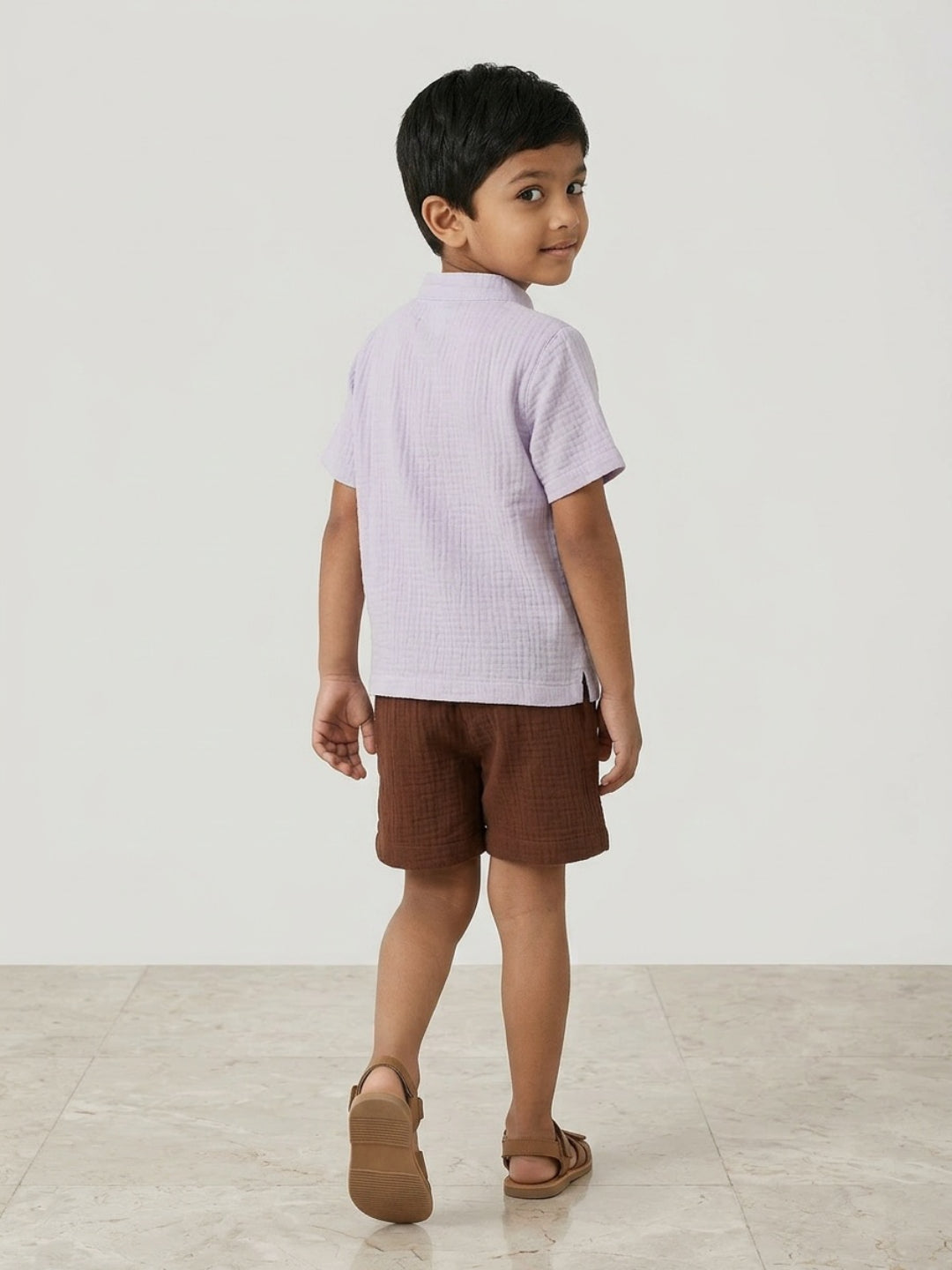 Biglilpeople Boys Organic Soft Crinkled Muslin Lavender Mandarin Collar Shirt & Brown Short
