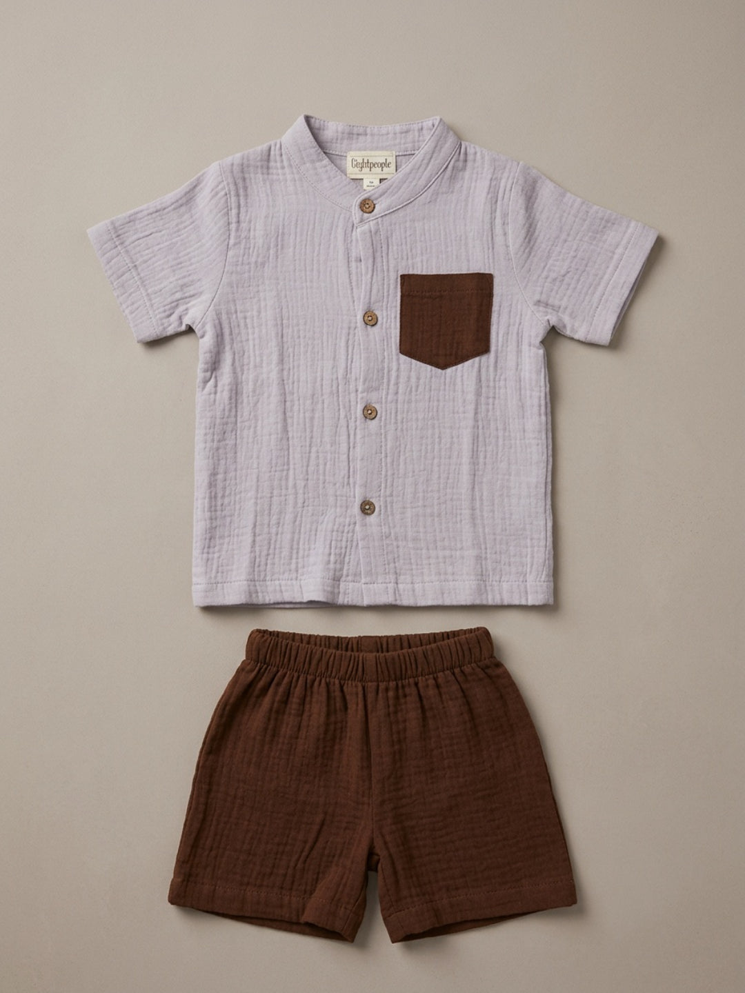 Biglilpeople Boys Organic Soft Crinkled Muslin Lavender Mandarin Collar Shirt & Brown Short