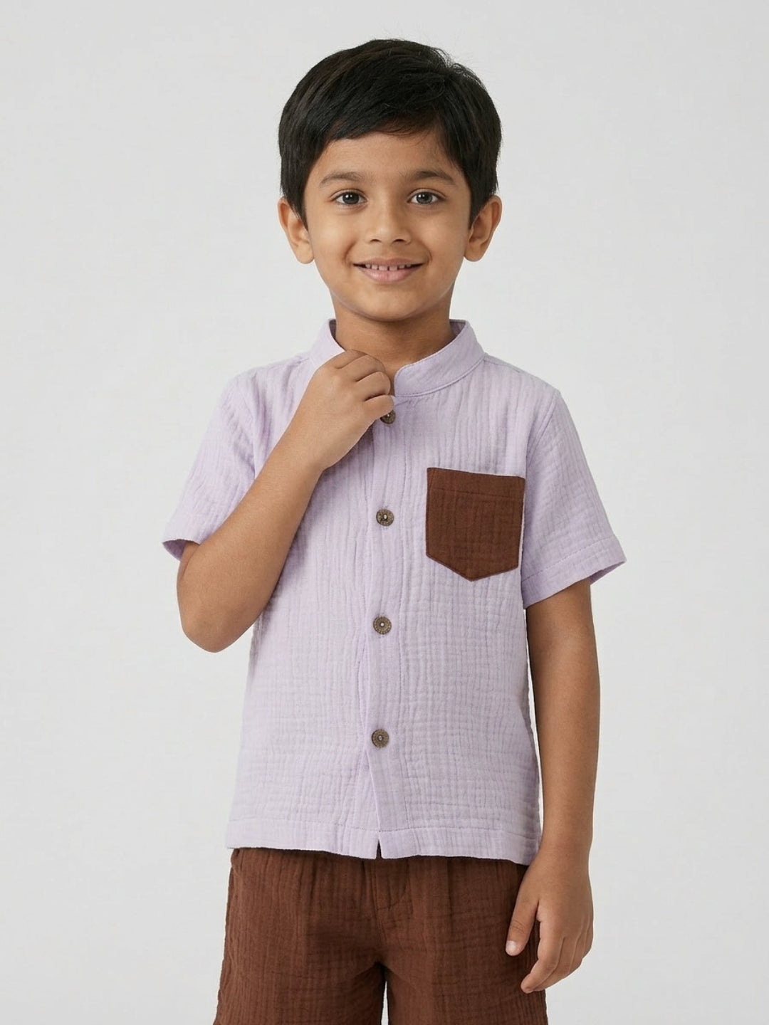 Biglilpeople Boys Organic Soft Crinkled Muslin Lavender Mandarin Collar Shirt & Brown Short