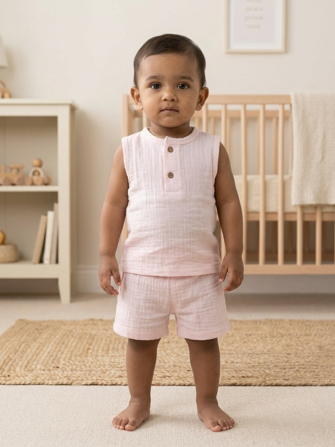 Biglilpeople Infant Organic Soft Crinkled Muslin Light Pink Color Top & Short