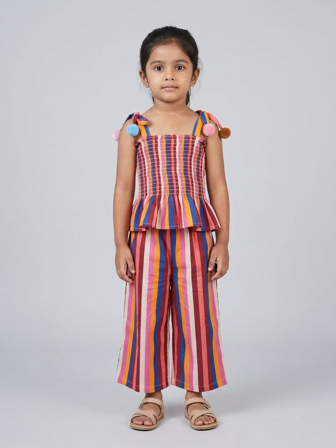 Biglilpeople Top sin mangas con cuello cuadrado, estampado a rayas multicolor y pompones para niñas, con palazo de pierna ancha