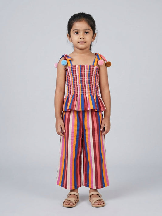 Biglilpeople Top sin mangas con cuello cuadrado, estampado a rayas multicolor y pompones para niñas, con palazo de pierna ancha