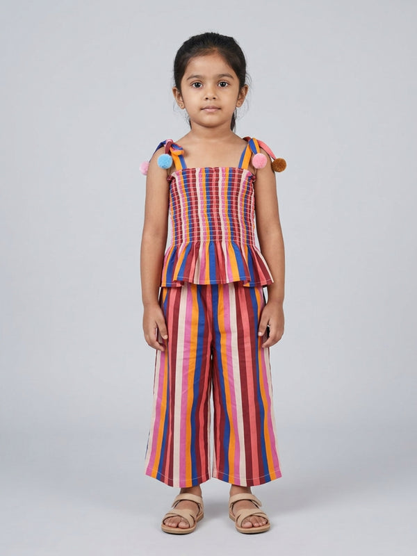 Biglilpeople Girls Multicolour Striped Square Neck Sleeveless Pom-Pom Top with Wide Leg Palazzo