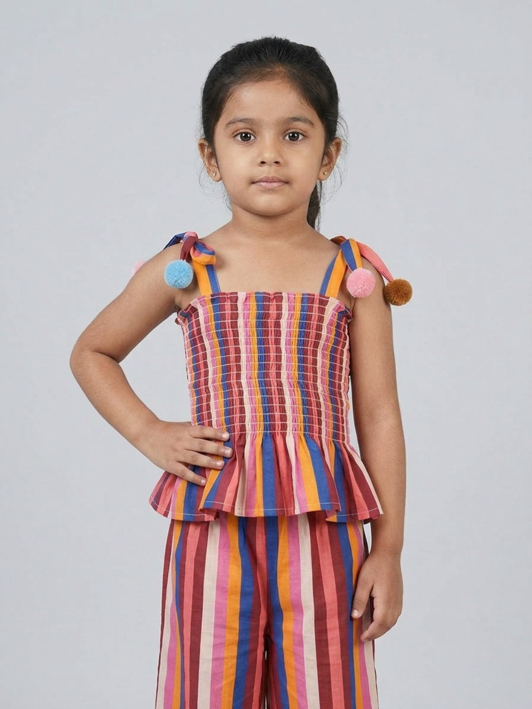 Biglilpeople Top sin mangas con cuello cuadrado, estampado a rayas multicolor y pompones para niñas, con palazo de pierna ancha