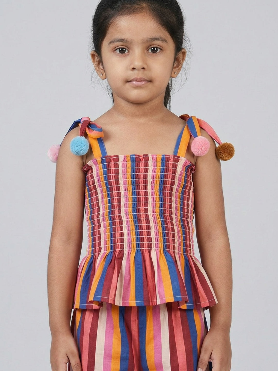 Biglilpeople Top sin mangas con cuello cuadrado, estampado a rayas multicolor y pompones para niñas, con palazo de pierna ancha