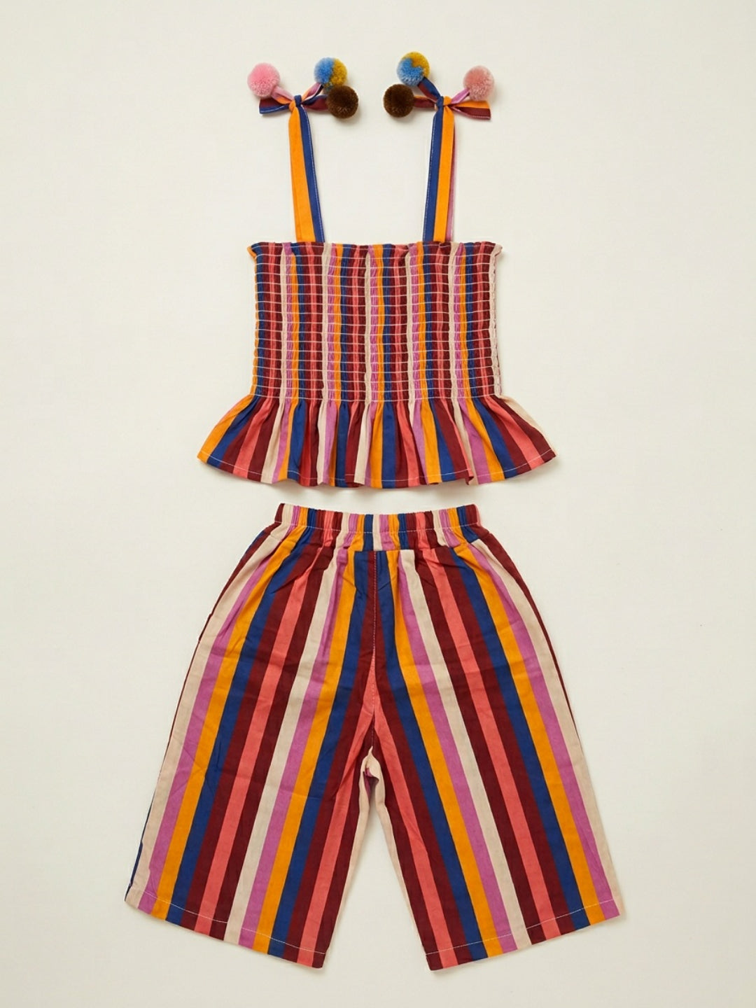 Biglilpeople Top sin mangas con cuello cuadrado, estampado a rayas multicolor y pompones para niñas, con palazo de pierna ancha