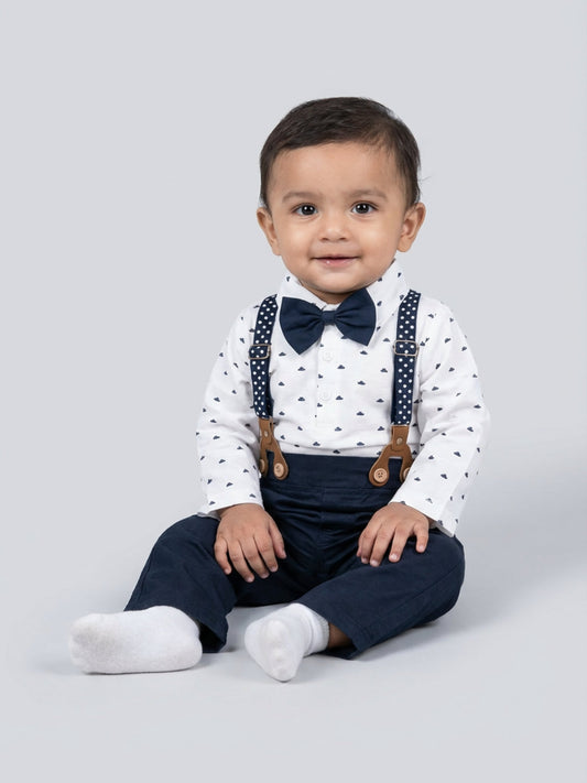 Biglilpeople Boys Navy Blue Spread Collar Full Sleeves Bow Tie & Suspenders Formal Set
