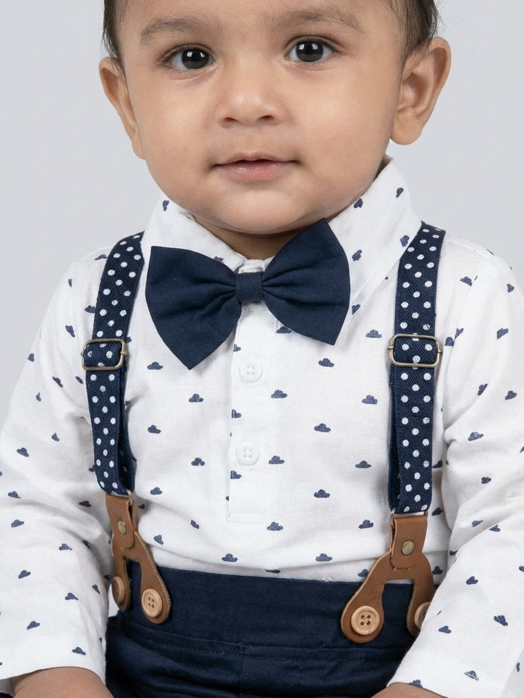 Biglilpeople Boys Navy Blue Spread Collar Full Sleeves Bow Tie & Suspenders Formal Set