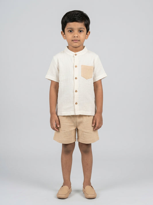 Biglilpeople Boys Organic Soft Crinkled Muslin Off White Mandarin Collar Shirt & Beige Short