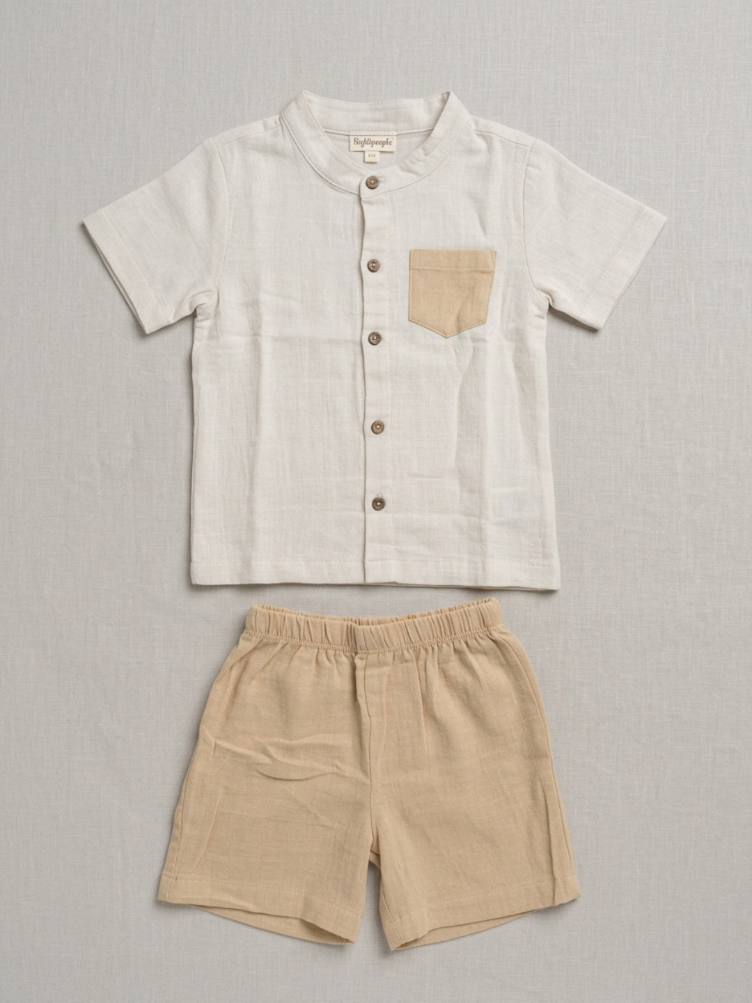 Biglilpeople Boys Organic Soft Crinkled Muslin Off White Mandarin Collar Shirt & Beige Short