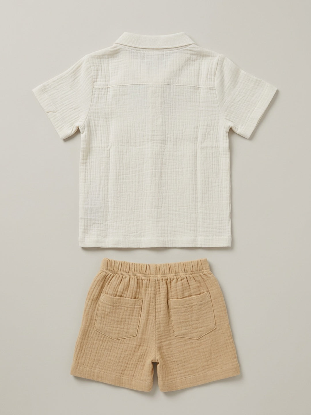 Biglilpeople Boys Organic Soft Crinkled Muslin Off White Mandarin Collar Shirt & Beige Short