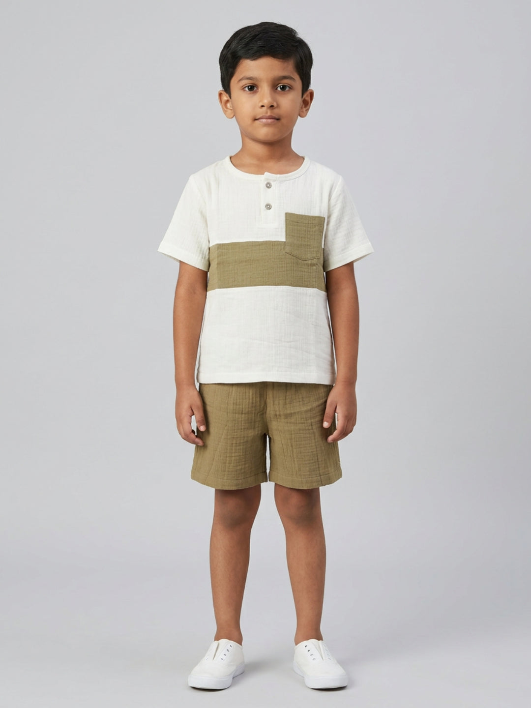 Biglilpeople Boys Organic Soft Crinkled Muslin Off White & Olive Color Shirt & Short