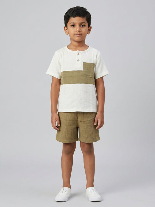 Biglilpeople Boys Organic Soft Crinkled Muslin Off White & Olive Color Shirt & Short