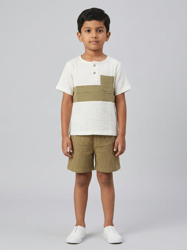 Biglilpeople Boys Organic Soft Crinkled Muslin Off White & Olive Color Shirt & Short