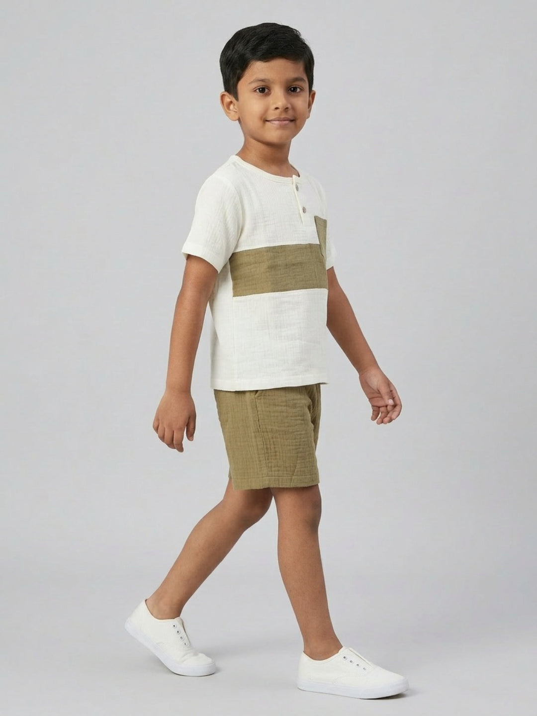 Biglilpeople Boys Organic Soft Crinkled Muslin Off White & Olive Color Shirt & Short