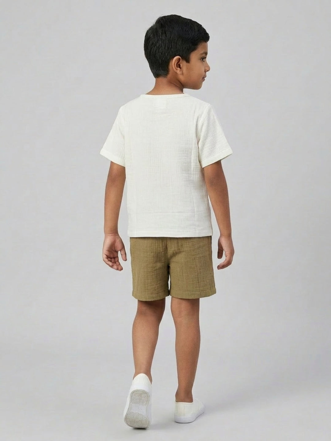 Biglilpeople Boys Organic Soft Crinkled Muslin Off White & Olive Color Shirt & Short