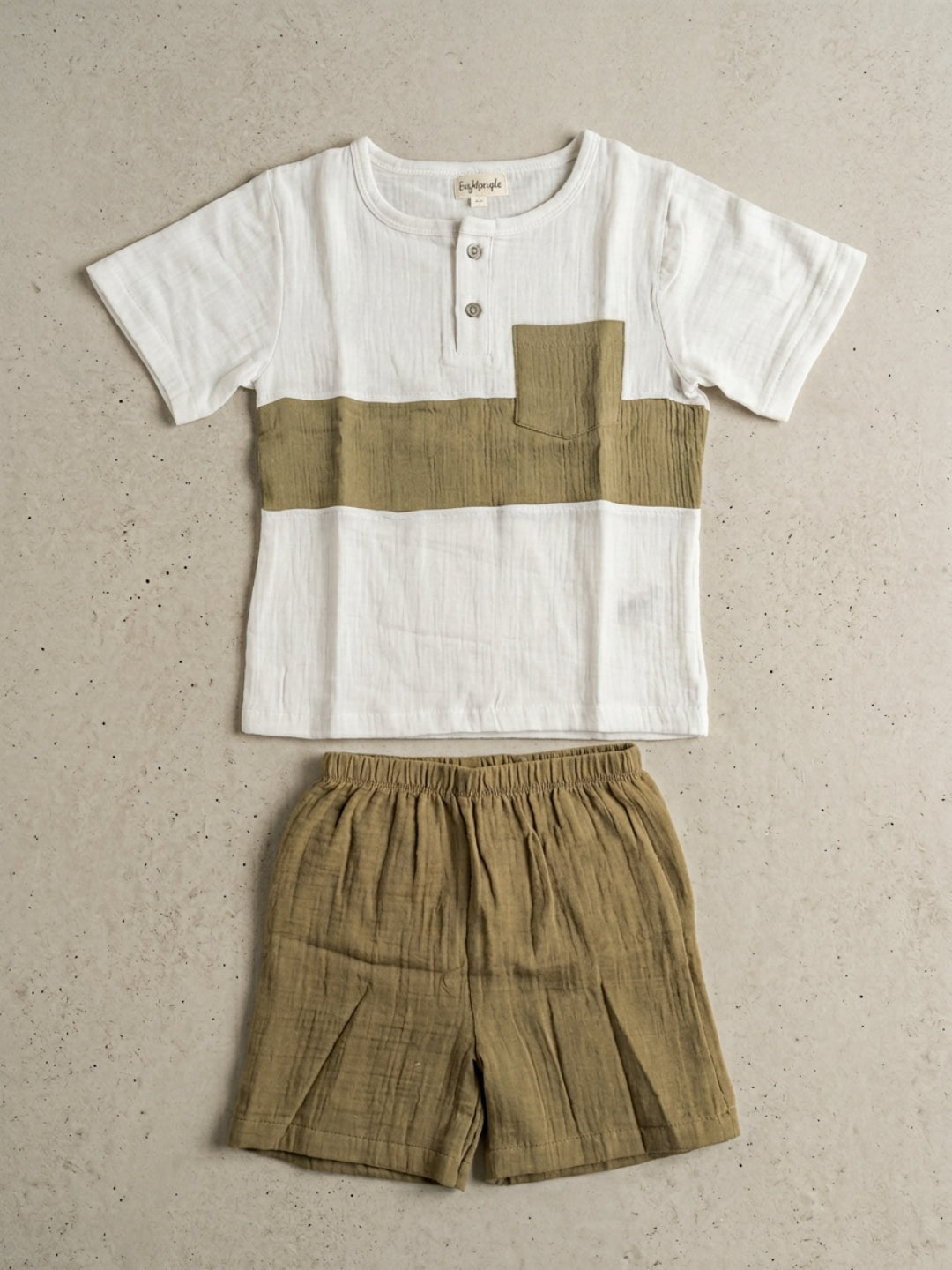 Biglilpeople Boys Organic Soft Crinkled Muslin Off White & Olive Color Shirt & Short