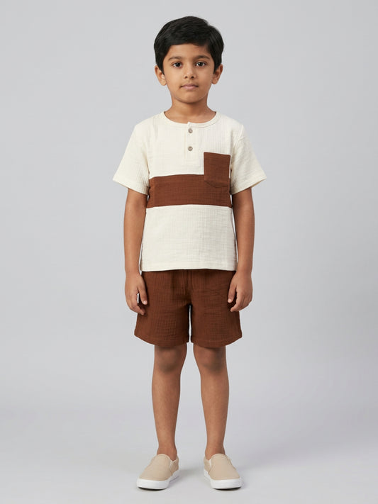 Biglilpeople Boys Organic Soft Crinkled Muslin Off White & Brown Shirt & Short