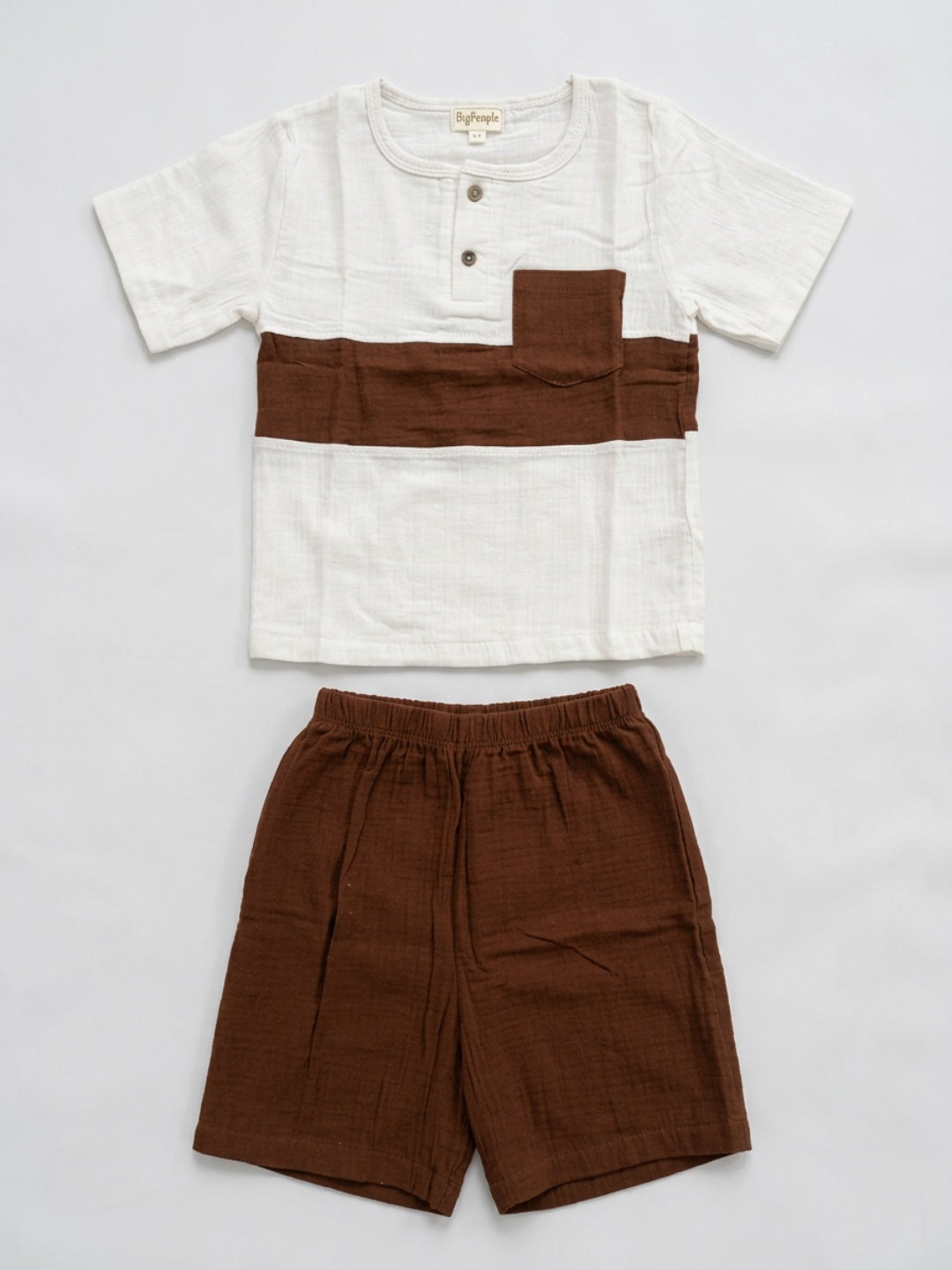 Biglilpeople Boys Organic Soft Crinkled Muslin Off White & Brown Shirt & Short