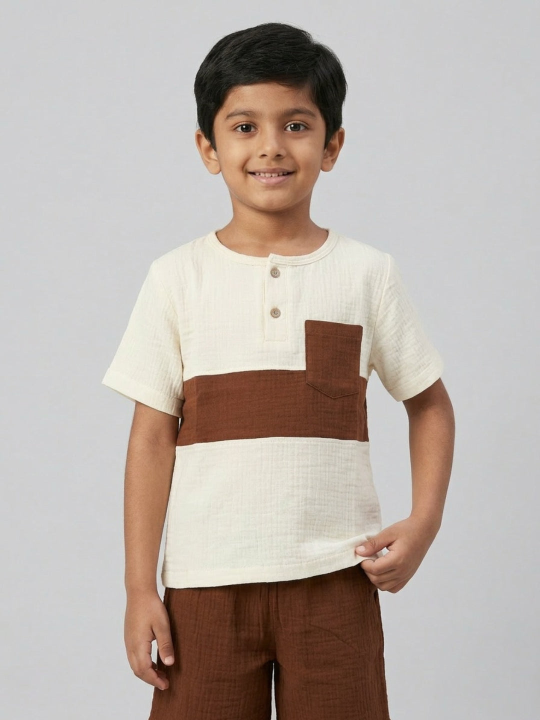 Biglilpeople Boys Organic Soft Crinkled Muslin Off White & Brown Shirt & Short