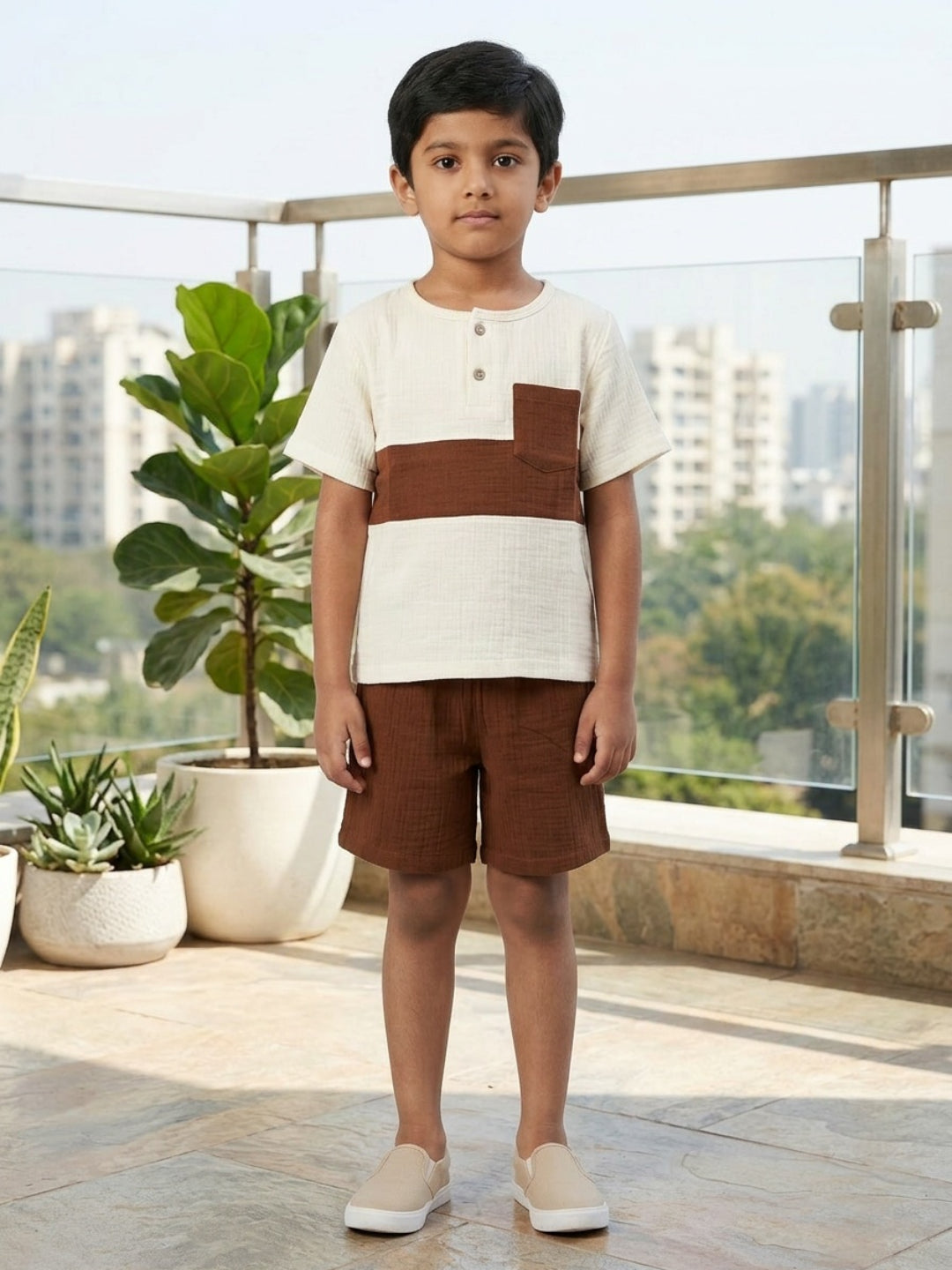 Biglilpeople Boys Organic Soft Crinkled Muslin Off White & Brown Shirt & Short