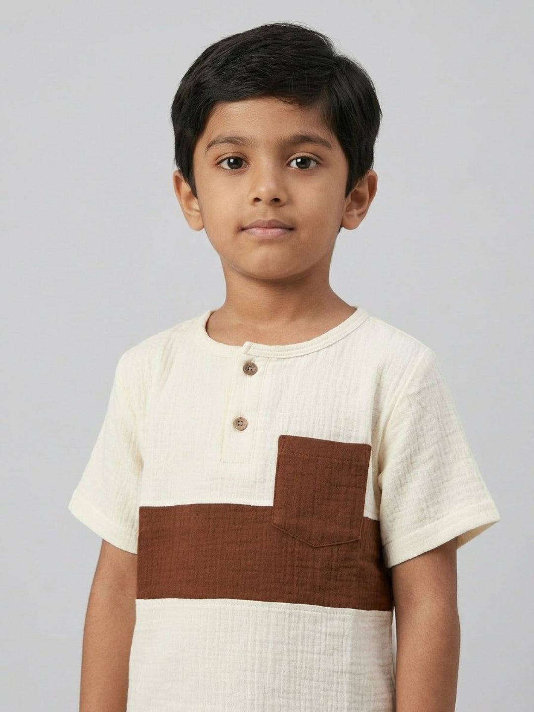Biglilpeople Boys Organic Soft Crinkled Muslin Off White & Brown Shirt & Short