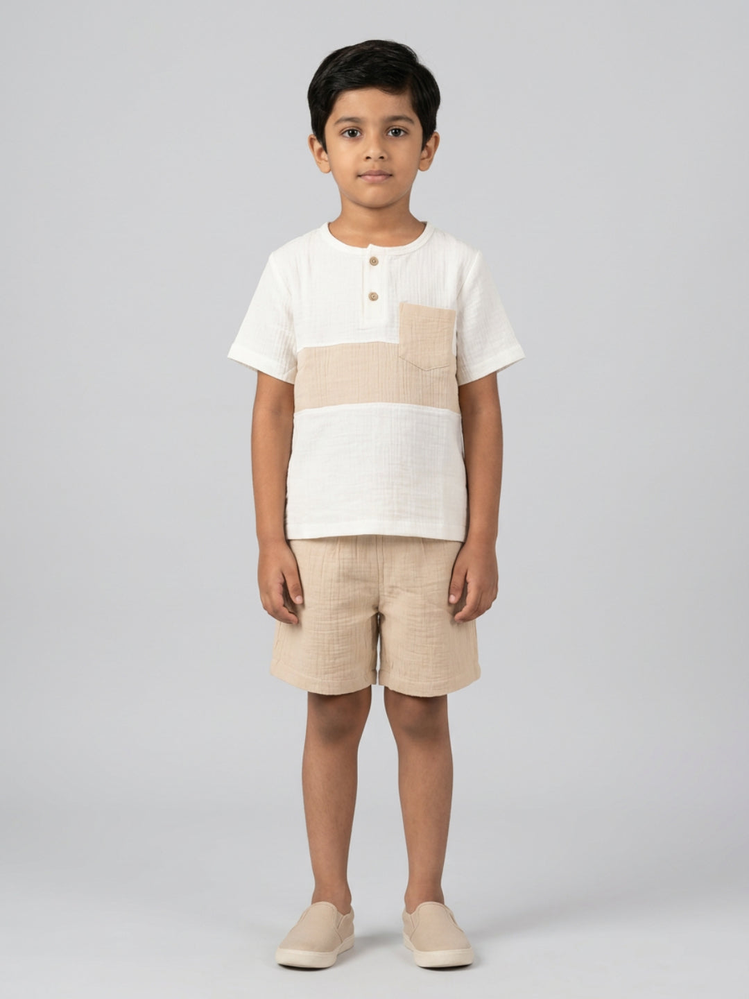 Biglilpeople Boys Organic Soft Crinkled Muslin Off White & Beige Shirt & Short
