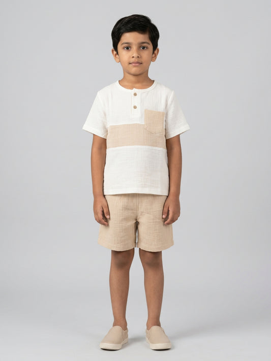 Biglilpeople Boys Organic Soft Crinkled Muslin Off White & Beige Shirt & Short