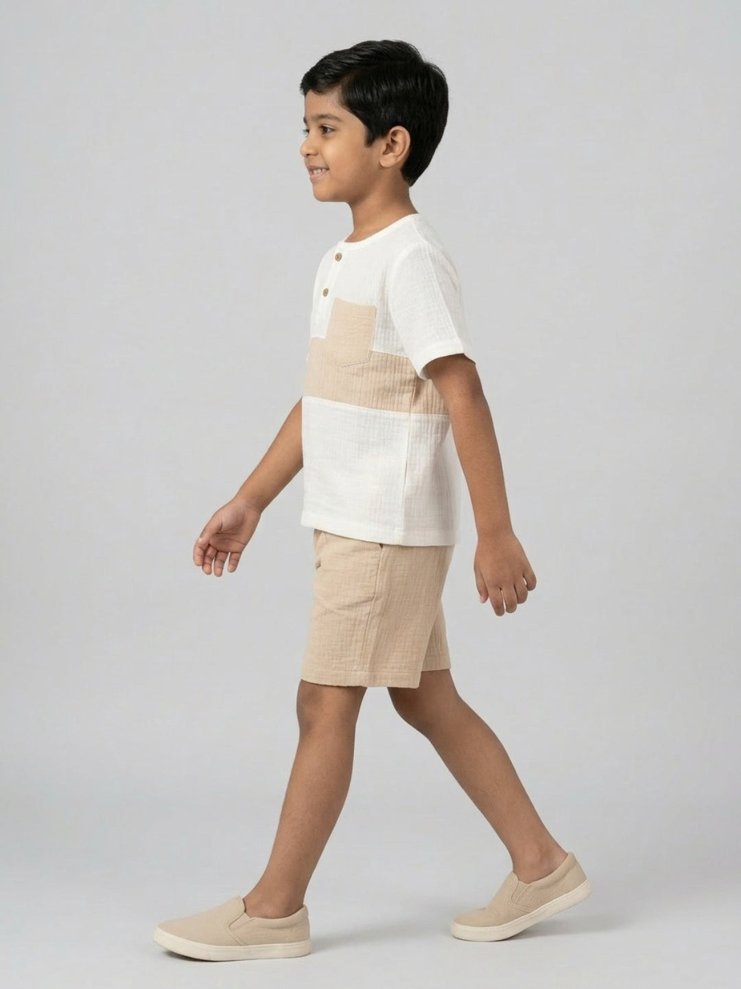 Biglilpeople Boys Organic Soft Crinkled Muslin Off White & Beige Shirt & Short