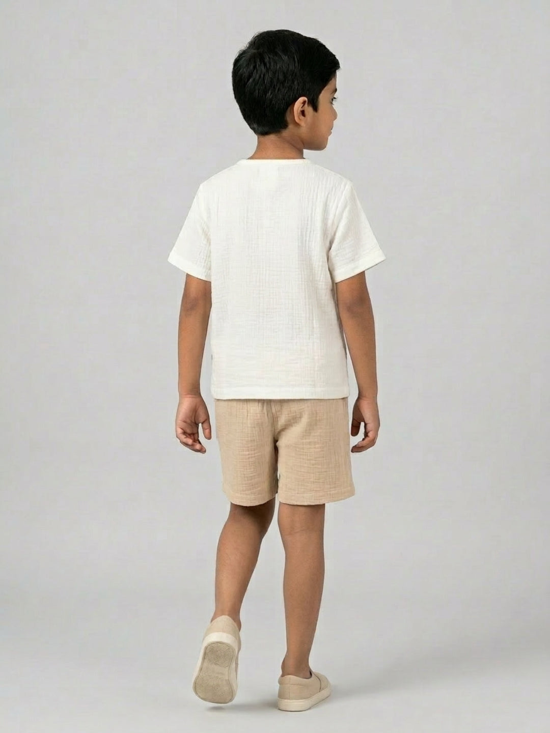 Biglilpeople Boys Organic Soft Crinkled Muslin Off White & Beige Shirt & Short