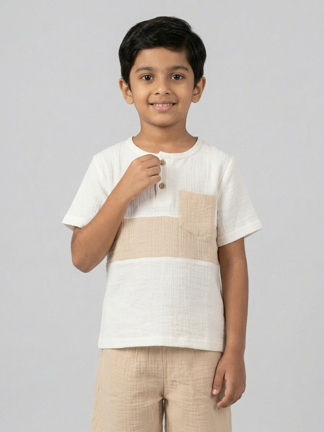 Biglilpeople Boys Organic Soft Crinkled Muslin Off White & Beige Shirt & Short