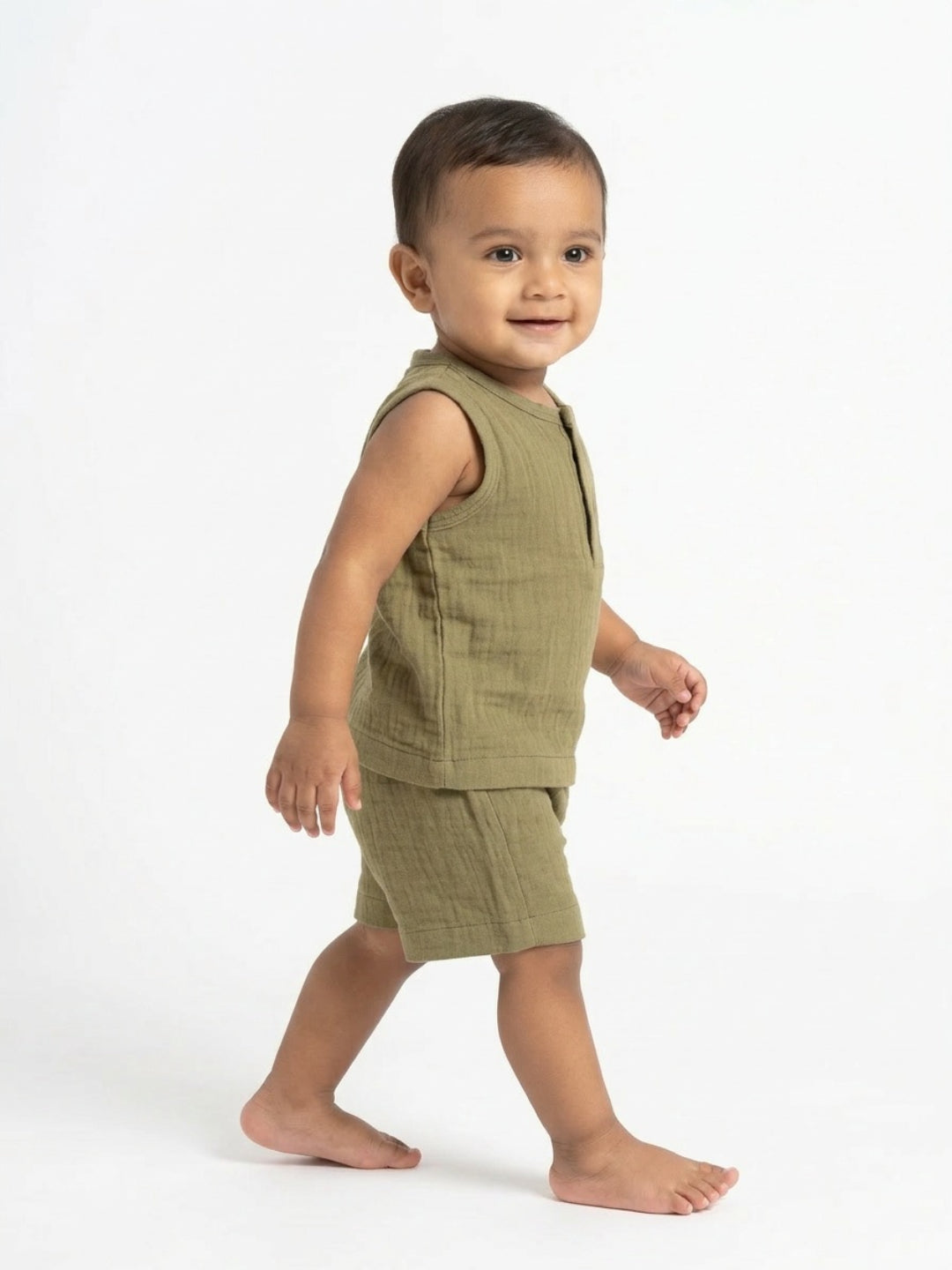 Biglilpeople Infant Organic Soft Crinkled Muslin Olive Color Top & Short
