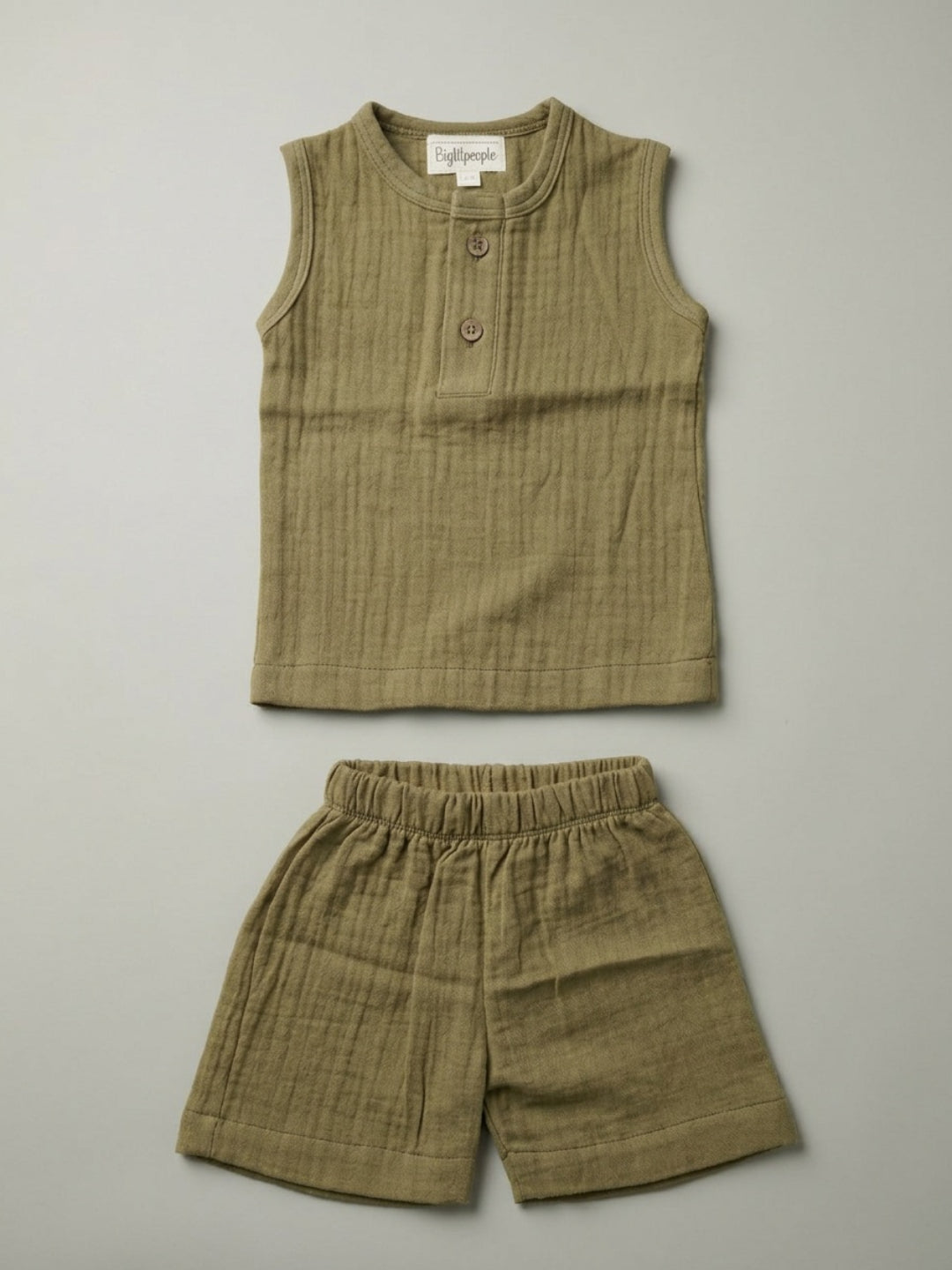 Biglilpeople Infant Organic Soft Crinkled Muslin Olive Color Top & Short