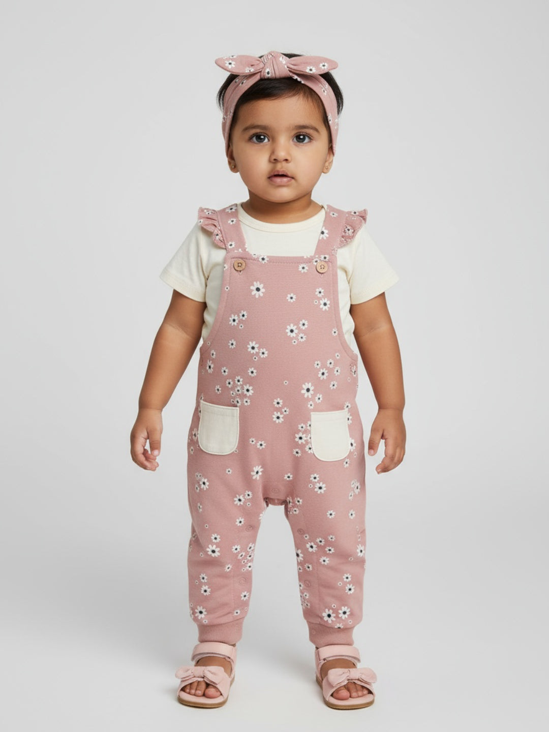 Biglilpeople Baby Girls Dungaree and T-Shirt Set with Headband