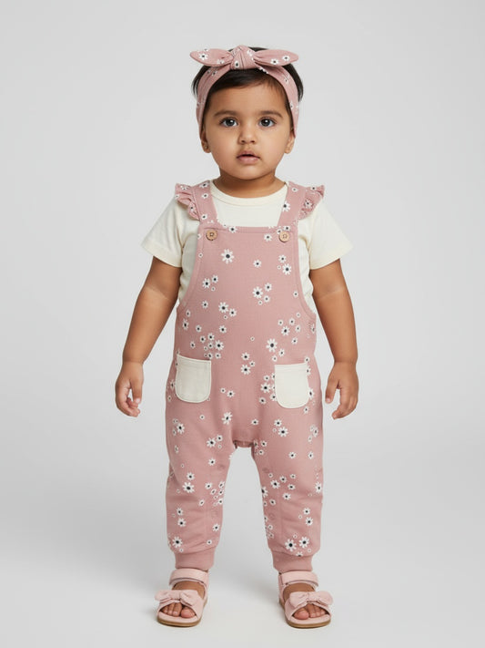 Biglilpeople Baby Girls Dungaree and T-Shirt Set with Headband