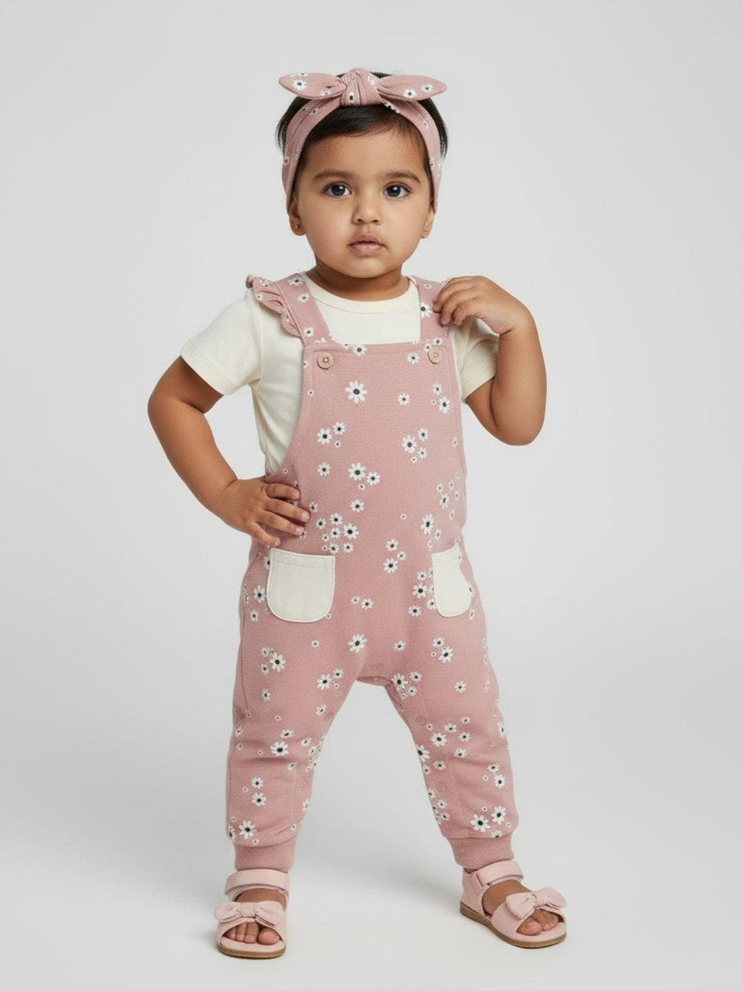 Biglilpeople Baby Girls Dungaree and T-Shirt Set with Headband