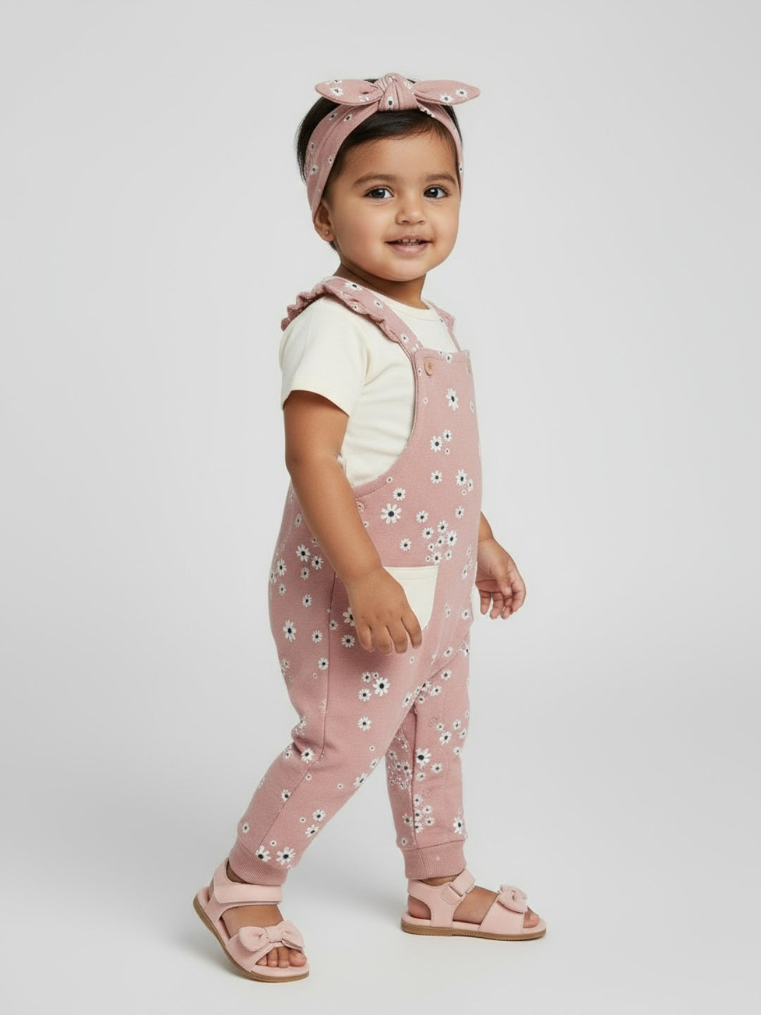 Biglilpeople Baby Girls Dungaree and T-Shirt Set with Headband