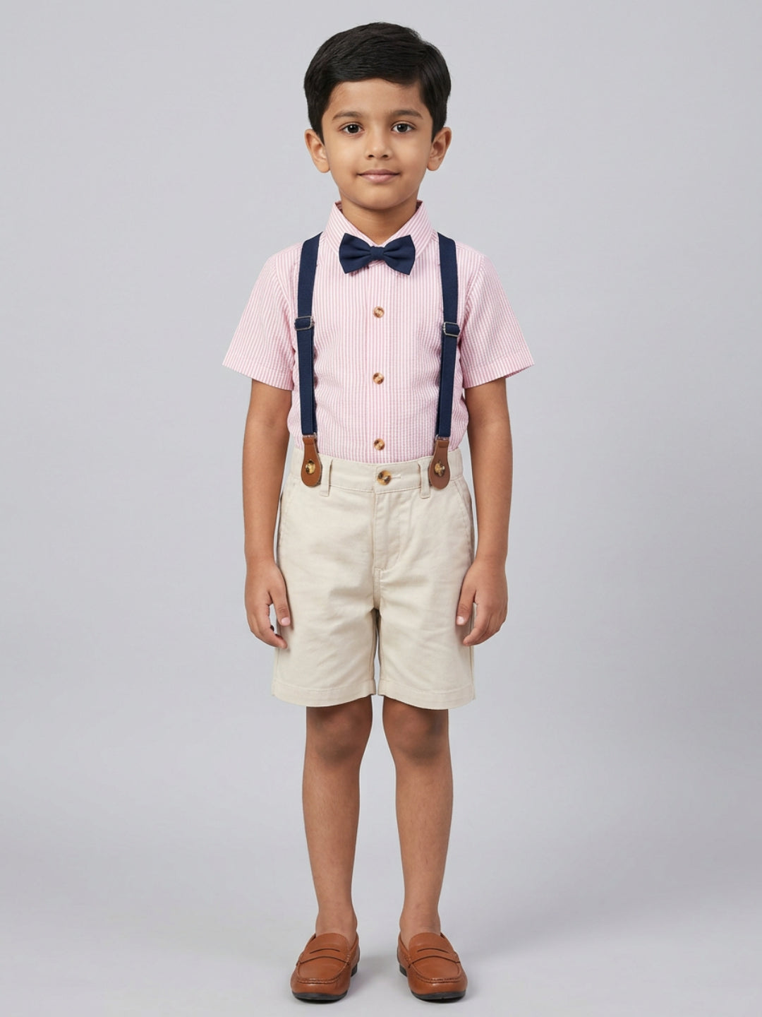 Biglilpeople Boys Pink Shirt with Classic Bow Tie & Beige Shorts with Suspenders