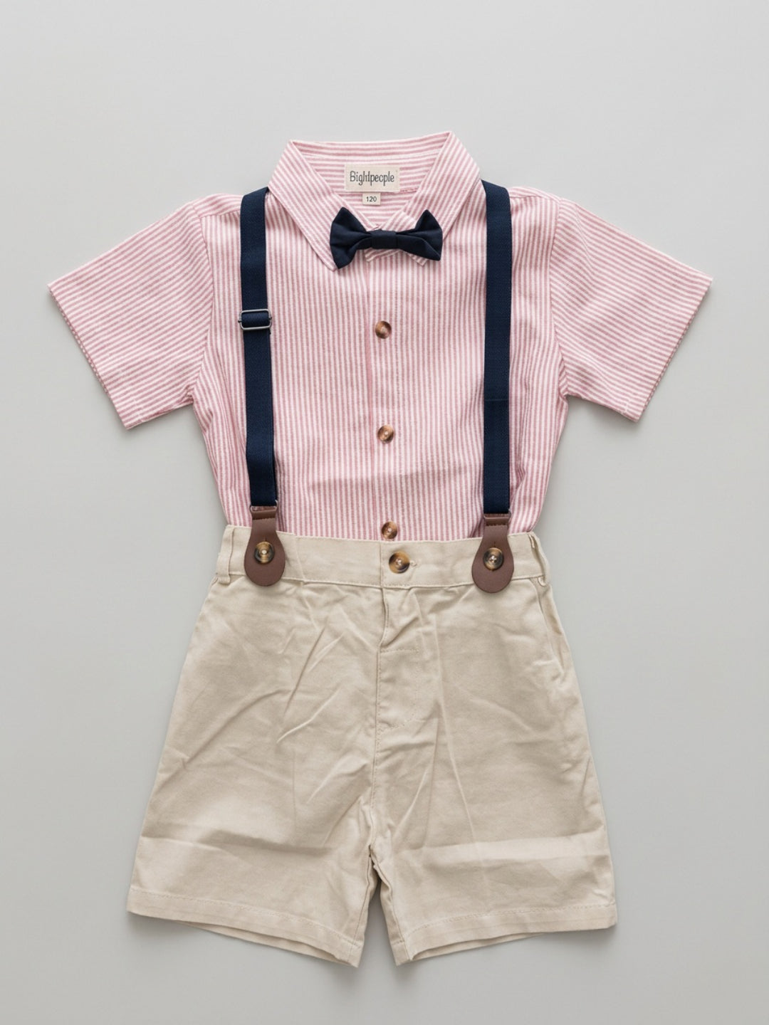 Biglilpeople Boys Pink Shirt with Classic Bow Tie & Beige Shorts with Suspenders